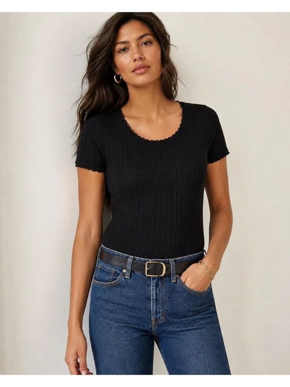 J Crew Womens Pointelle T-shirt Sz Medium Black Scoop Neck Short Sleeve Ribbed